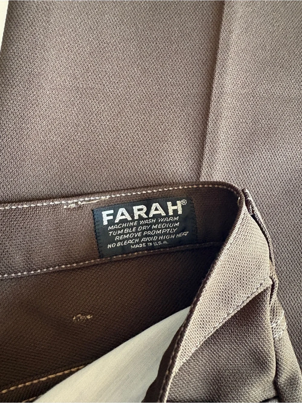 Farah Chocolate Brown Contrast Stitch Flare Trousers Retro Workwear Menswear